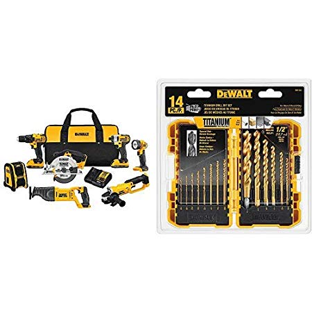 DEWALT DCK720D2 2 Ah 20V MAX Compact 7-Tool Combo Kit with DW1354 14-Piece Titanium Drill Bit Set