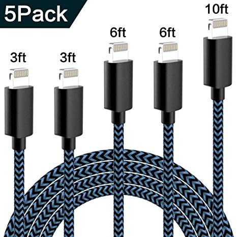 TNSO MFi Certified iPhone Charger Lightning Cable 5 Pack [3/3/6/6/10FT] Extra Long Nylon Braided USB Charging & Syncing Cord Compatible iPhone Xs/Max/XR/X/8/8Plus/7/7Plus/6S/124S Plus/SE/iPad/Nan More