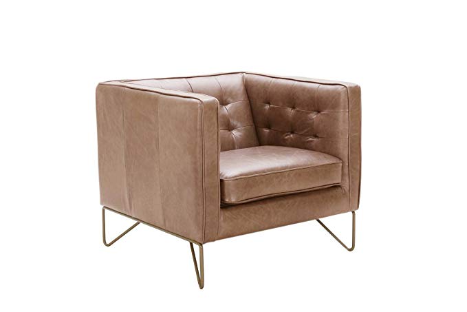 Rivet Brooke Contemporary Mid-Century Modern Tufted Leather Living Room Chair, 35"W, Cognac