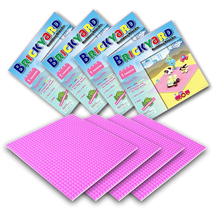 [Improved Design] 4 Pink Baseplates, 10 x 10 Large Thick Base Plates for Building Bricks by Brickyard Building Blocks, for Activity Table or Displaying Compatible Construction Toys (4-Pack, Pink)