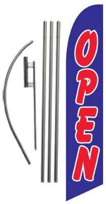 Open Advertising Feather Banner Swooper Flag Sign with 15 Foot Flag Pole Kit and Ground Stake, Blue and Red