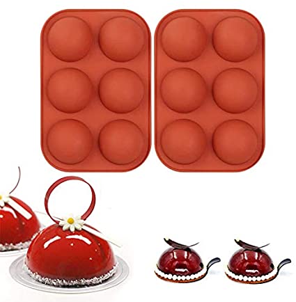 6 Holes Semi Sphere Silicone Mold for Chocolate, Cake, Jelly, Pudding, Round Shape Half Candy Molds Non Stick Baking DIY Silicone Mold, 2 Pack (Brick red)