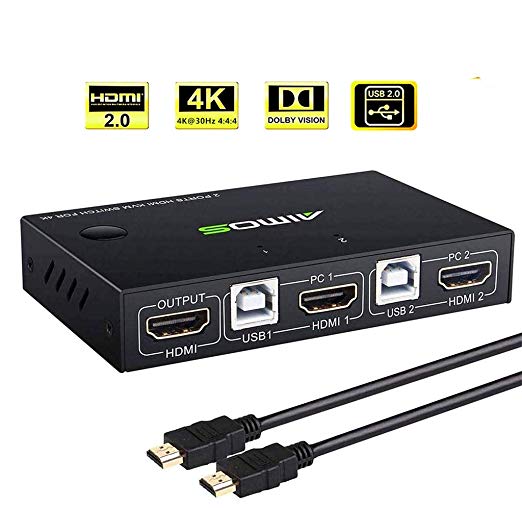 AIMOS KVM HDMI Switch, USB Switch 4K HDMI Switcher Box 2 In 1 Out For 2 Computers Share Keyboard And Mouse Support 4K@30Hz 3D for Laptop, PC, PS4, Xbox HDTV (With 2 USB Cable, 1 HDMI Cable)