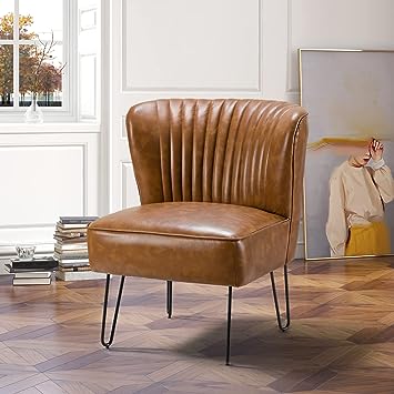 HULALA HOME Faux Leather Accent Chair with Metal Base, Mid Century Modern Living Room Chair, Comfy Upholstered Armless Side Chair for Bedroom Office, Camel