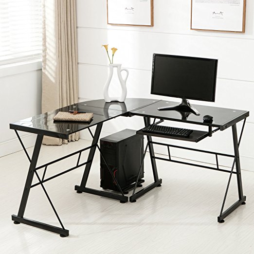 Mecor Computer Desk Corner L-Shape Glass Laptop Table Workstation with Keyboard Tray Home Office Furniture Black