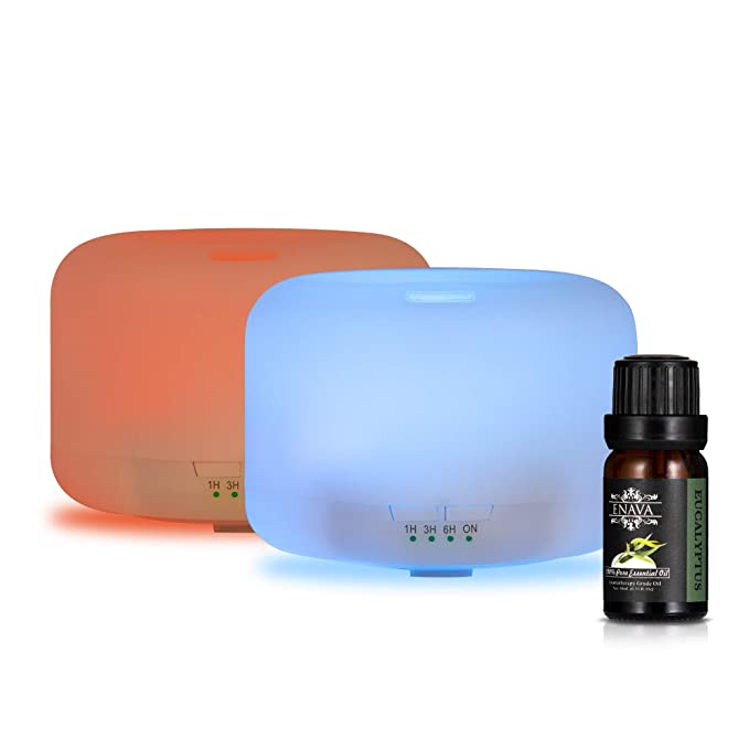 Essential Oil Diffuser 2 Pack - Aromatherapy Essential Oil Set,Ultrasonic Diffuser Extreme Cool Mist Output,300ml,Auto Shut-Off 7 color LED,100% Pure Therapeutic Grade Aroma Oil-Eucalyptus
