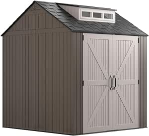 Rubbermaid Large Resin Outdoor Storage Shed With Floor (7 x 7 Ft.), Weather Resistant, Brown, Organization for Home/Lawn Mower/Backyard Equipment/Bike Storage/Pool Supplies