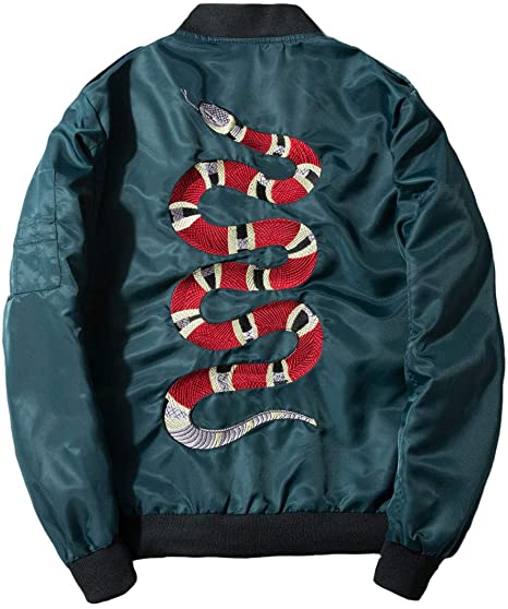 CHARTOU Men's Classic Snake-Embroidery Lightweight Flight Baseball Jacket Windbreaker