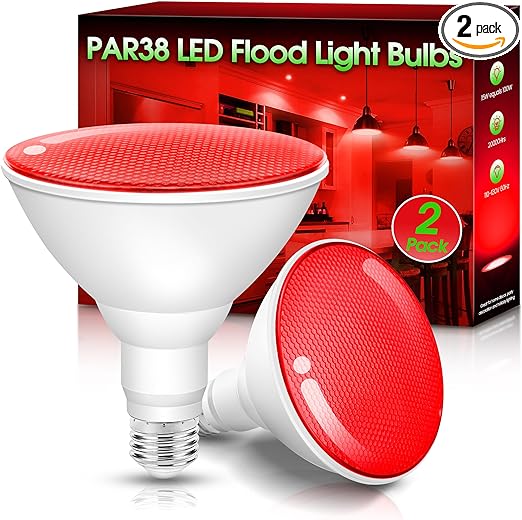 Red Light Bulbs 2 Pack, Par38 15W(100W Equivalent) E26 LED Flood Red Lights Bulb Outdoor Not-dimmable, Colored Light Bulb for Christmas Decor, Porch Home Holiday Lighting, Red Flood Light Bulbs Indoor