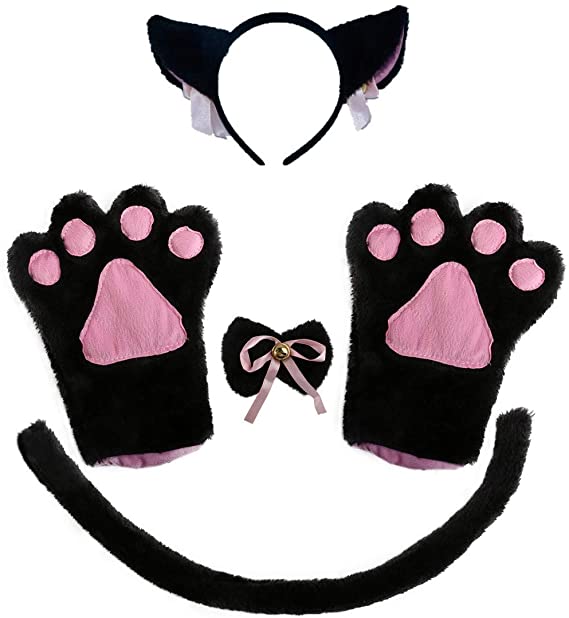 BOMPOW Cat Ear Cosplay Cat Tail Bell Hairclip with Paw Bow Tie Costume Party Decoration Set 5 Pack