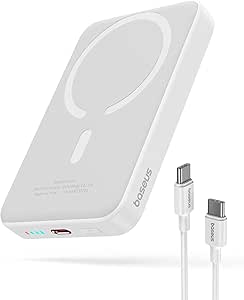 Baseus Batterie Externe Magnétique 10000mAh, Magsafe Power Bank sans Fil, Magsafe Batterie pour iPhone 15/14/13/12, PD 20W Mini Power Bank USB-C, Charge Rapide, Blanche