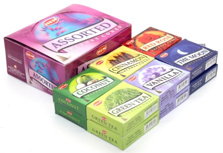 HEM Assorted Incense Cones - 12 Packs of 10 Cones Each - With 6 Different Scents Vanilla Cinnamon The Moon Green Tea Coconut Red Rose