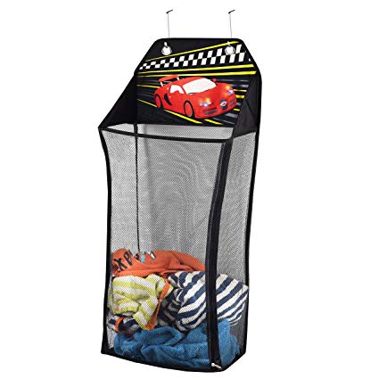 Store & Score Over The Door Hanging Kids Fun LED Race Car Light-Up Collapsible Mesh Laundry Hamper, Toy Chest, Metal Hooks Included