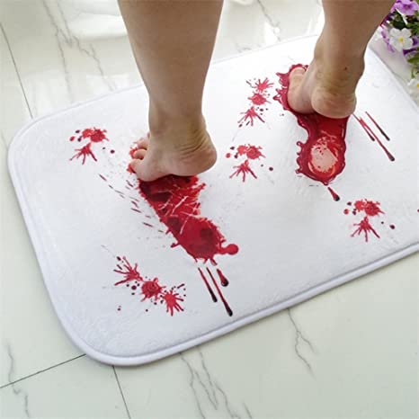 Bloody Bathmat Footprint Bath Bathroom Mat Non-Slip Rug Halloween Scare Your Friends White   Red