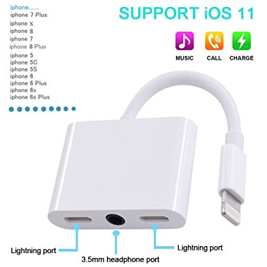 iPhone 7 Adapter,iPhone 8 headphone adapter【Support iOS 11 and before】Music &Call &Charge Adapter, Dual Lightning 3.5 mm Jack Earphone Splitter for iphone7/7plus/8/8plus/6/X by CloudWave