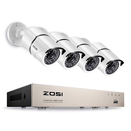 ZOSI 1080P Security Camera System 8CH 4-in-1 1080P Video Recorder DVR and (4) 2.0MP Weatherproof HD-TVI Bullet Surveillance Cameras,100ft Night Vision,Smartphone & PC Remote Viewing