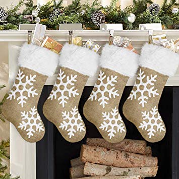 Ivenf Christmas Stockings, 4 Pack 20 inches Large Snowflake Yellow Burlap Feel Stockings with White Plush Faux Fur Cuff, for Family Holiday Home Decor Xmas Party Decorations