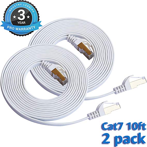 Cat 7 Ethernet Cable 10 ft 2 Pack LAN Cable Internet Network Cord for PS4, Xbox, Router, Modem, Gaming, White Flat Shielded 10 Gigabit RJ45 High Speed Computer Patch Wire.