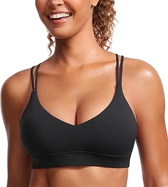 CRZ YOGA Butterluxe V Neck Strappy Sports Bras for Women - Thin Spaghetti Strap Padded Bra Sexy Wireless Yoga Bra Crop Top