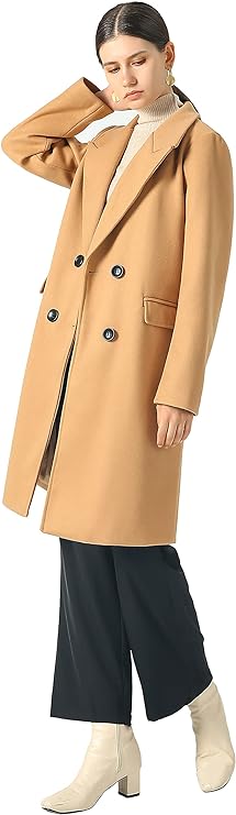 CHARTOU Women's Winter Oversize Lapel Collar Woolen Plaid Double Breasted Long Peacoat Jacket