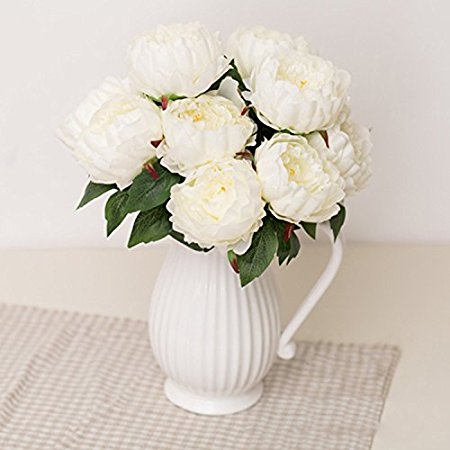 Supla Silk Peony Bush in Cream with Yellow Stamens 17.7" Tall X 11" Diameter 5 Blooms per Bush for Floral Arrangement Vase Accent