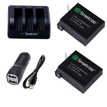 Smatree Replacement battery 2-Pack 3-Channel charger Car ChargerUSB Cord for Gopro Hero 4 Camera Camcorder