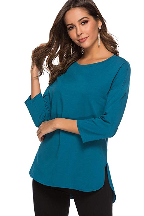 Women's Cotton and Modal 3/4 Sleeve and Short Sleeve Scoop Neck Tunic Tops with Cut Hem