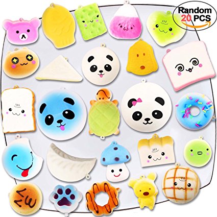 Squishy Toys 20 PCS, Acetek Party Bag Fillers Gifts Party Favors for Kids Cute Kawaii Soft Squish Toy Slow Rising Stress Relieve Squeeze Lovely Fidget Key Chain Strap Charms Pendent Decoration