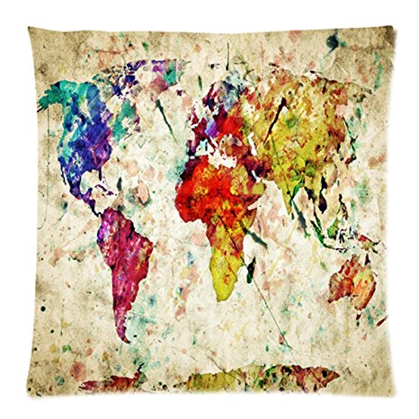 Home Decor Personalized Retro Art Print Colorful World Map Zippered Throw Pillow Cover Cushion Case 20x20 (two sides)
