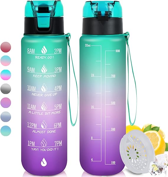 Milifox 32 oz Water Bottles with Times to Drink:Motivational Water Bottle with Time Marker & Removable Strainer - BPA Free Water Jug with 1 Set Lid Seal for Fitness (Gradient Green Pink Purple)