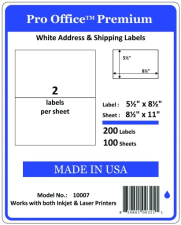 Pro Office Premium 200 Half Sheet Self Adhesive Shipping Labels for Laser Printers and Ink Jet Printers, White, Made in USA, 5.5 x 8.5 Inches, Pack of 200, Same Size As 8126 and More