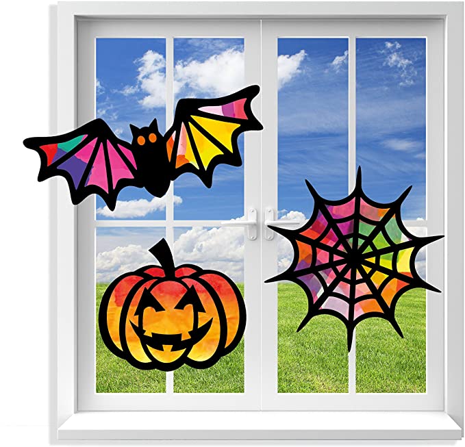 VHALE Suncatcher Kit for Kids, 3 Sets of Stained Glass Effect Paper Suncatchers (9 Cutouts, 27 Tissue Papers), Window Art, Classroom Arts and Crafts, Great Travel Toys, Party Favors (Halloween)