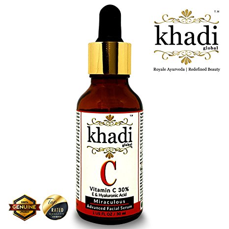 Khadi Global Vitamin C 30% , E & Vegan Hyaluronic Acid Miraculous Advanced Facial Serum For Face, Neck & Shoulder | Fights Free-Radical Damage, Sun Damage & Improves Pigmentation issues | Fight With Bacterias Inside Skin Pores, Stops Acne & Pimple Problem | Natural & Safe | 30 ml
