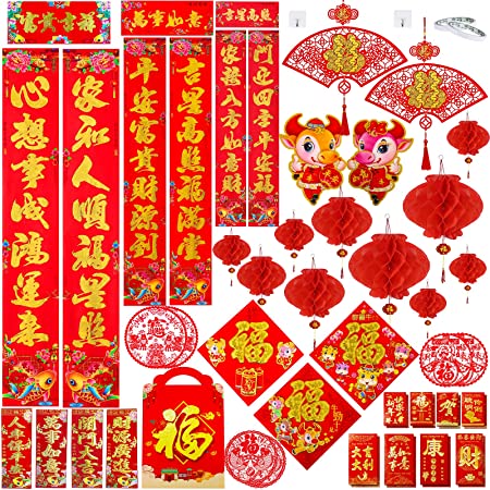 50 Set Chinese New Year Decorations Chinese Couplets Poem Scrolls Spring Chunlian Duilian FU Sticker Red Hong Bao Lanterns Chinese Character Paper Cutting Fu Ornament for Lunar Year of The Ox 2021