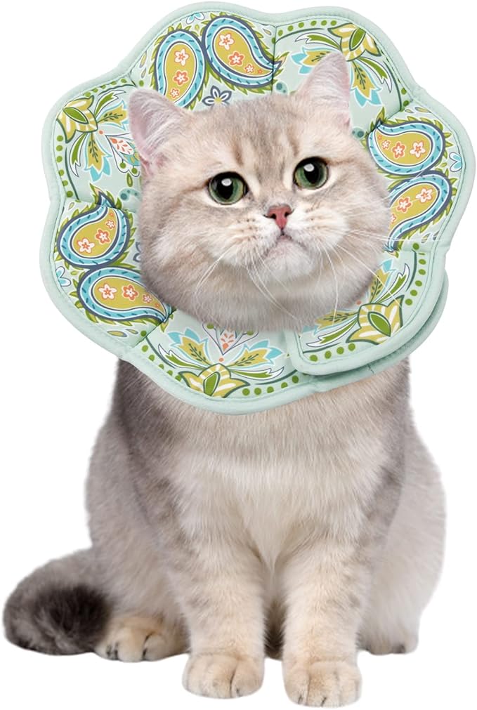 COMSUN Cat Cone Cat Recovery Collar Soft Pet Cones Collar with Paisley Pattern for Cats Kittens and Puppies Adjustable Elizabethan Fastener Collars to Prevent Licking After Surgery,Green (Medium)