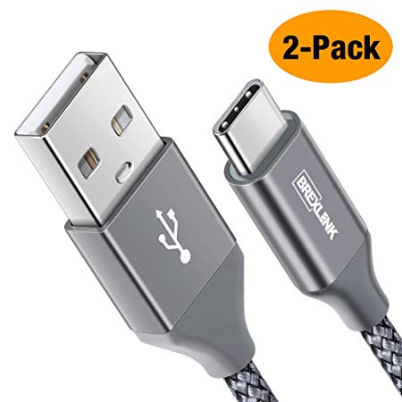 BrexLink USB Certified Type C Cable, USB C to USB A Charger (6.6ft, 2 Pack), Nylon Braided Fast Charging Cord for Samsung Galaxy S9 S8 Note 8, Pixel, LG V30 G6 G5, Nintendo Switch, OnePlus 5 3T (Grey)