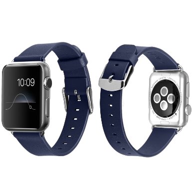JampD Tech 38mm Leather Strap with Metal Adapter for All Apple Watches - Normal Size Blue