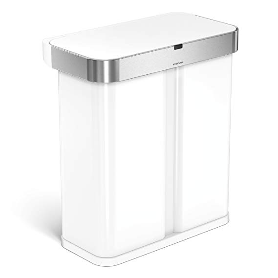 simplehuman 58 Liter/15.3 Gallon Stainless Steel Touch-Free Dual Compartment Rectangular Kitchen Trash Can Recycler Motion Sensor, Voice Activated, White Steel