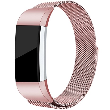 For Fitbit Charge 2 Bands, Maledan Stainless Steel Milanese Loop Metal Replacement Accessories Bracelet Strap with Unique Magnet Lock for Fitbit Charge 2 HR Large Small, Silver, Black, Gold, Rose Gold