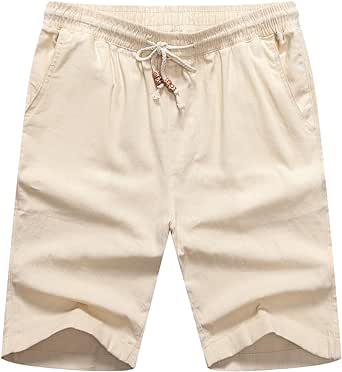 Manwan walk Men's Casual Cotton Elastic Waist Drawstring Linen Shorts Summer Beach Lightweight Shorts