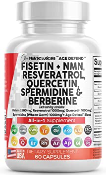 Fisetin 2500mg Quercetin 1000mg NMN Resveratrol 1000mg with Spermidine Wheat Germ Extract 1000mg - Healthy Aging Support Supplement Adults for Longevity with Berberine, Collagen, Rhodiola, Apigenin