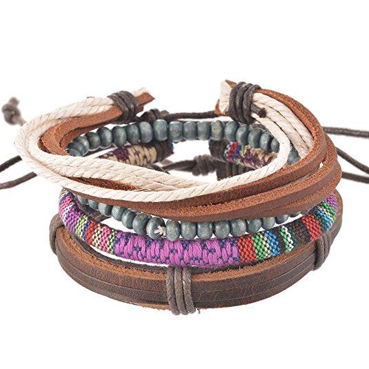 MJARTORIA Unisex PU Leather Charm Beaded Multi Strands Adjustable Wrap Bracelets Set of 4