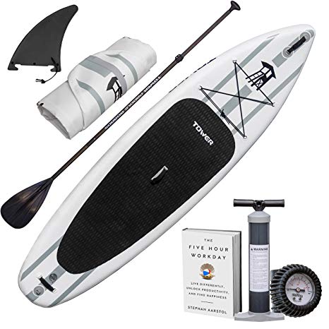 TOWER Inflatable 10’4” Stand Up Paddle Board - (6 Inches Thick) - Universal SUP Wide Stance - Premium SUP Bundle (Pump & Adjustable Paddle Included) - Non-Slip Deck - Youth and Adult