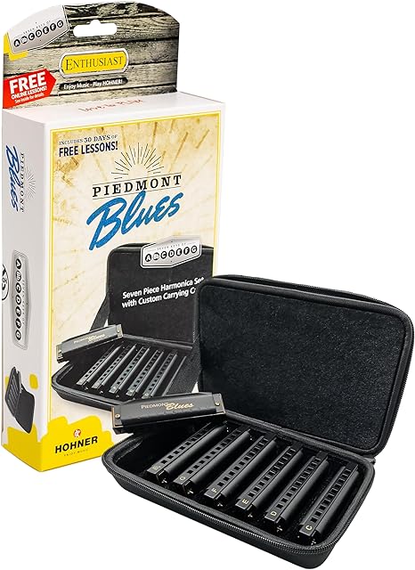 HOHNER Piedmont Blues 7 Harmonica Pack with Case, Stainless steel (PBH7)