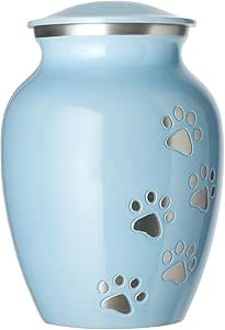 Pet Urn - Ottillie Paws Legacy Memorial Pet Cremation Urns for Dogs and Cats Ashes Hand Carved Aluminium Memory Keepsake Urn (Baby Blue, Vertical Pewter Paws, Small)