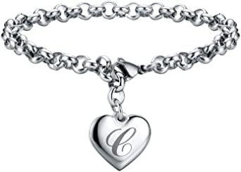 Initial Charm Bracelets Stainless Steel Heart 26 Letters Alphabet Bracelet for Women, Valentine's Day Gifts