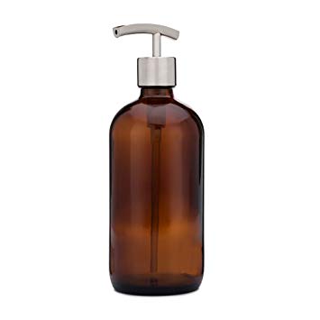 Rail19 Market Amber Glass Soap Dispenser Great for Bathroom and Kitchen Liquid Hand Soap and Lotion (Stainless Modern)