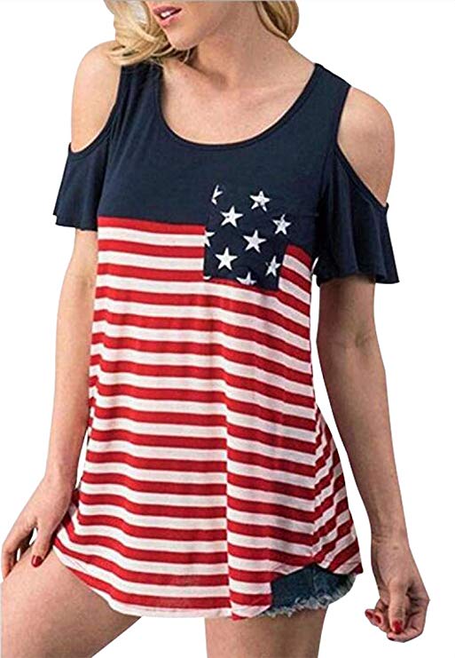 FLOYO Patriotic Shirts for Women Cold Shoulder Short Sleeve Tunic Tops Blouse Summer Shirt with American Flag Print Pocket