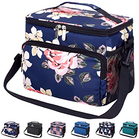 Leakproof Reusable Insulated Durable Cooler Lunch Bag - Office Work School Picnic Beach Lunch Box with Adjustable Shoulder Strap for Women,Men-Blue Flower