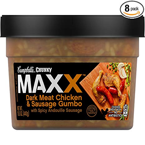 Campbell's Chunky Maxx Dark Meat Chicken and Sausage Gumbo with Spicy Andouille Sausage Soup, 15.5 oz. Tub (Pack of 8) (Packaging May Vary)